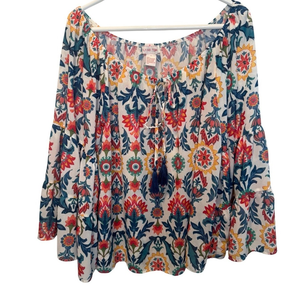 Flying Tomato Boho Floral Damask Flutter Bell Sleeve Tassel Top L Peasant